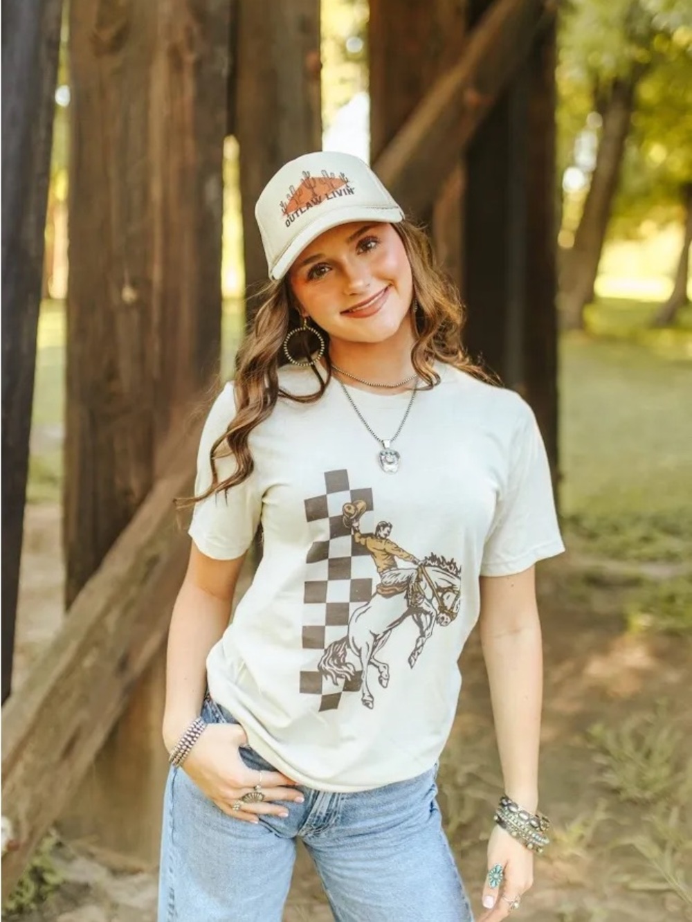 OTTO Outlaw Livin’ Beige Trucker Cap with Country Western Desert Cactus Graphic - Picture 3 of 10